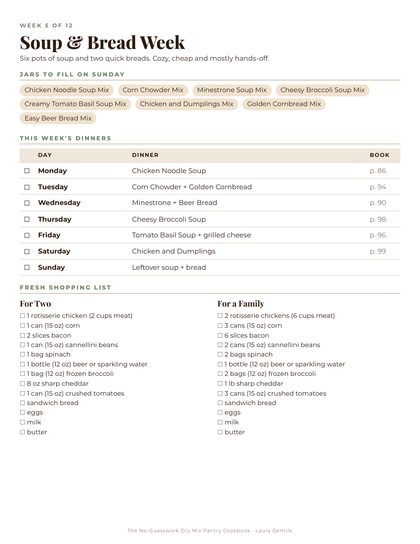A week of the 12-week pantry plan with dinners and a shopping list