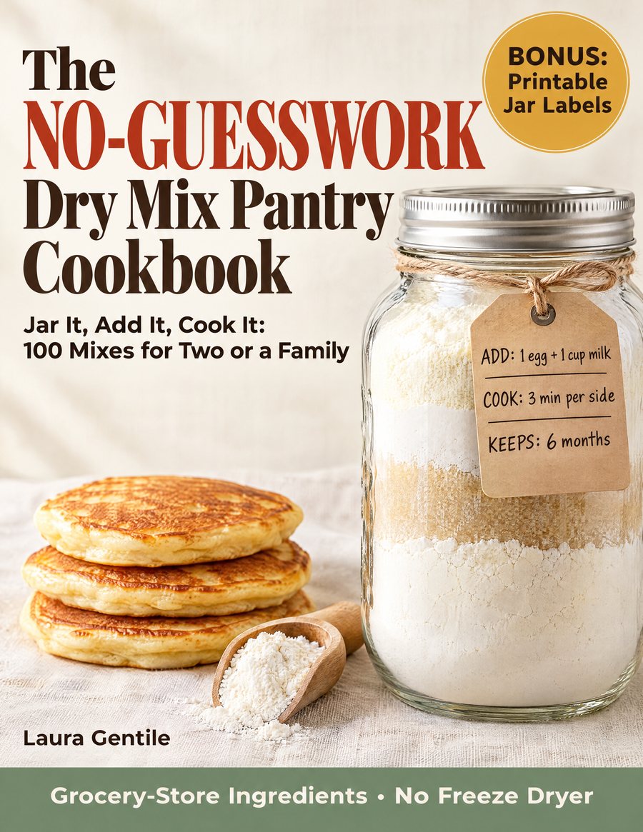 Cover of The No-Guesswork Dry Mix Pantry Cookbook by Laura Gentile: a mason jar of pancake mix with a tag that reads Add, Cook, Keeps