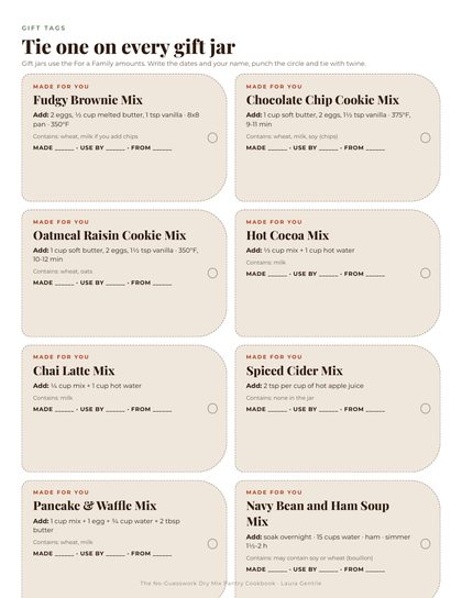 A page of printable gift tags for jar gifts